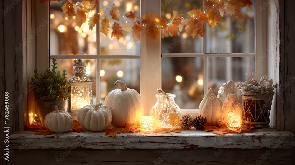 Obraz premium Warm glowing illumination adorns a rustic window sill decorated with white gourds and autumn foliage