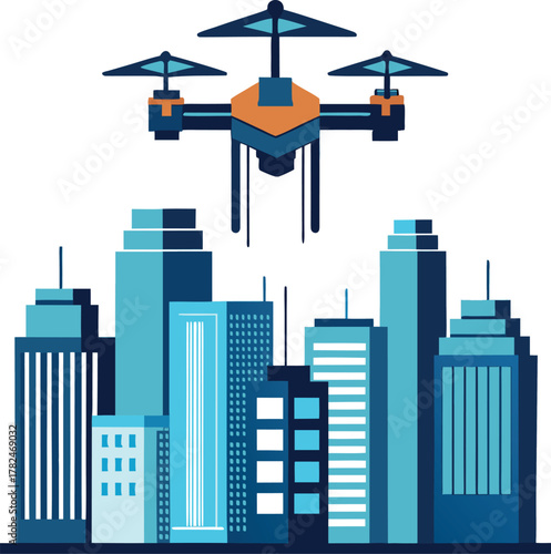 Futuristic drone delivering packages between skyscrapers silhouette design