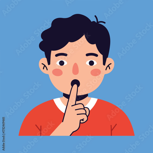 Illustration of a person gesturing for silence with finger over mouth, red top, blue background