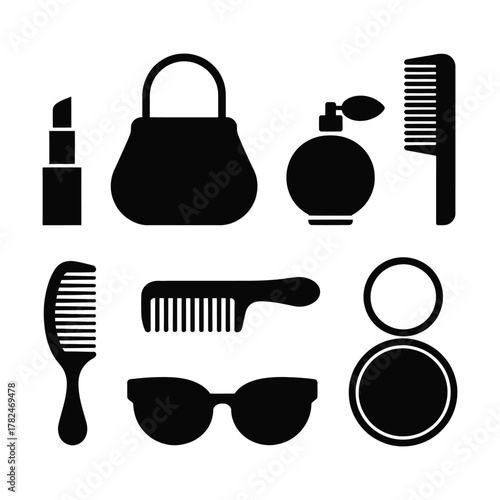 beauty icon set. set of cosmetic icon set. Collection of black silhouette beauty and cosmetic accessories for women including lipstick perfume bag combs and sunglasses