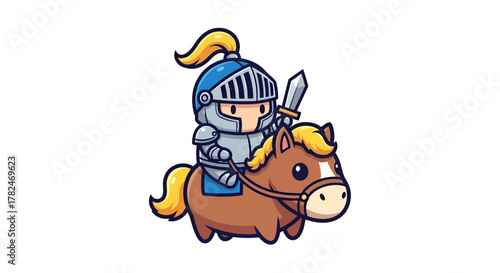 Cartoon knight on a chubby horse, ready for adventures in a whimsical style