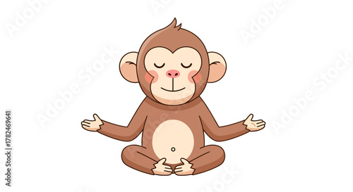 Cartoon Monkey Meditating with Eyes Closed and Peaceful Expression on a White Background