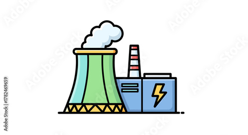 Cartoon nuclear power plant with white background represents the energy production