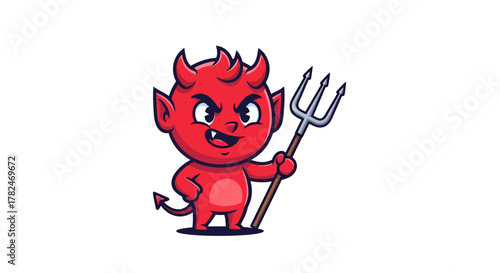 Cartoon red devil imp wielding a trident with mischief in his heart isolated image