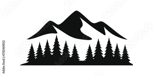 mountain icon set. Black silhouette of jagged mountain peaks above a dense forest of evergreen trees