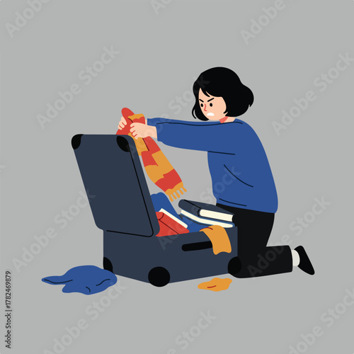 An annoyed person packs a suitcase with clothes, showing frustration. Items overflow, strewn on the floor