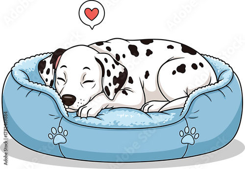 Dalmatian Sleeping Peacefully in Blue Dog Bed with Heart Dream Bubble Cute Pet Cartoon Graphic Peaceful Animal Nap Illustration Design on Transparent