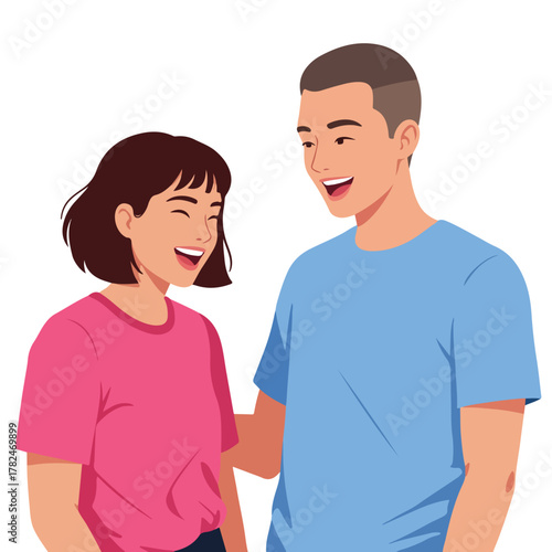 Illustration of a smiling man and woman looking at each other. They're both happy and wearing plain t-shirts