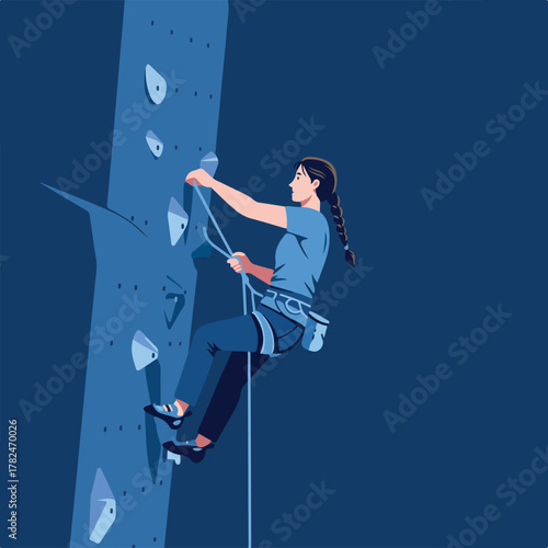 A female figure is illustrated climbing a rock wall, using safety gear with a minimalist, clean, two-tone design
