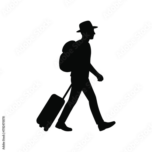 travel silhouette icon set. Silhouette of a traveler wearing a hat and backpack pulling a suitcase on a white background