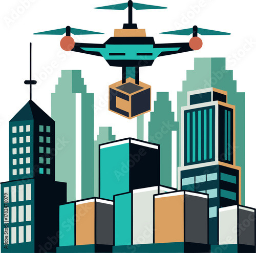 Futuristic drone delivering packages between skyscrapers silhouette design