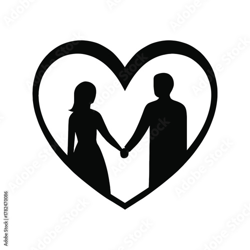 love couple icon set. Silhouette of a couple holding hands inside a large heart shape symbol representing love and romance