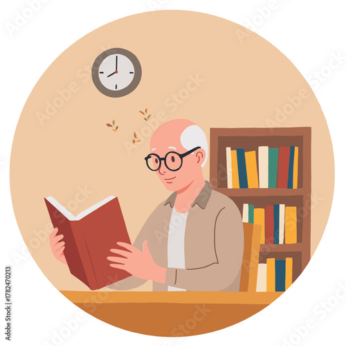 Senior man reading book. Elderly gentleman enjoying a book. Older man sitting and reading. Mature man with a paperback. Elderly set