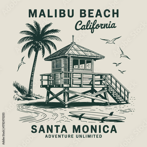 Malibu Dream Resort T-Shirt  Design – Hand-drawn summer beach illustration with big waves, Long Beach vibes, Hawaii-inspired Aloha surf typography, perfect for apparel, posters, and summer merchandise