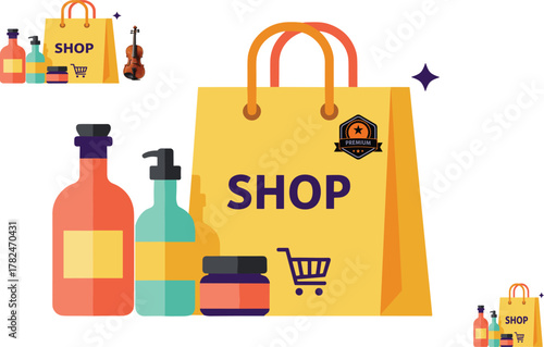 Shopping bag illustration, premium quality products, retail marketing design, e-commerce branding icon, beauty care packaging, shop logo, consumer goods promotion
