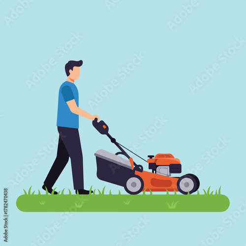 An illustration shows a person mowing the lawn with a push mower on a green grassy ground