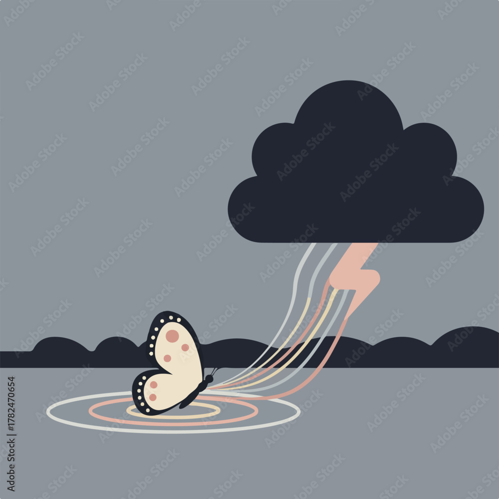 Obraz premium A butterfly sits within pastel rings as rain falls from a cloud with lightning, creating rainbow lines