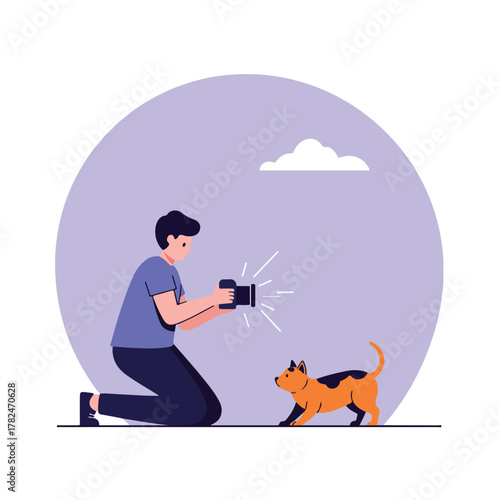 A person takes a photo of a cat with a camera, set against a lilac circle background. A single cloud floats