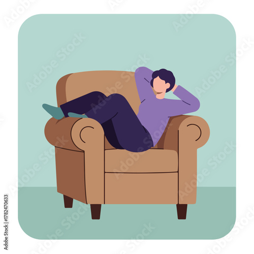 A relaxed person reclines in a brown armchair with hands behind their head, on a mint green background