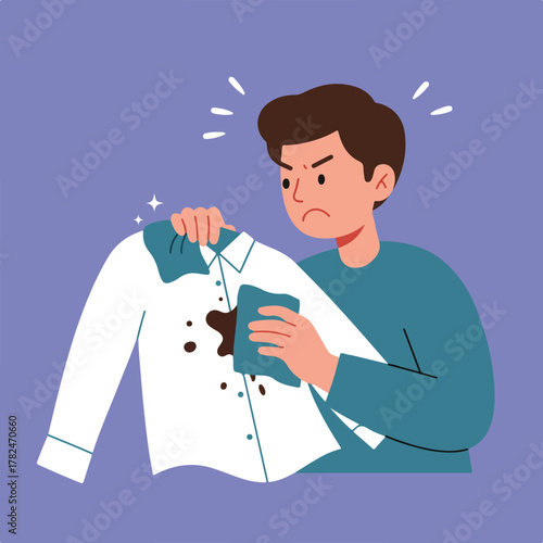 A frustrated man attempts to clean a white shirt with brown stains, on a purple background