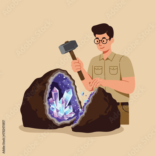 An illustration of a man with glasses using a hammer to break open a geode revealing crystals