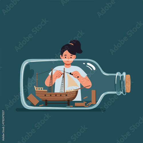 A person constructs a ship model inside a glass bottle, creating a miniature nautical scene