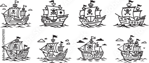 Collection of pirate ship doodle isolated on white background, vector illustration