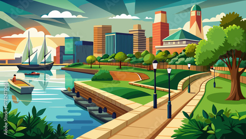 Very beautiful landscape at Point Park along the Baltimore riverfront on the Patapsco River in Baltimore, Maryland, USA, featuring calm water, green park scenery, waterfront pathways, and warm natural