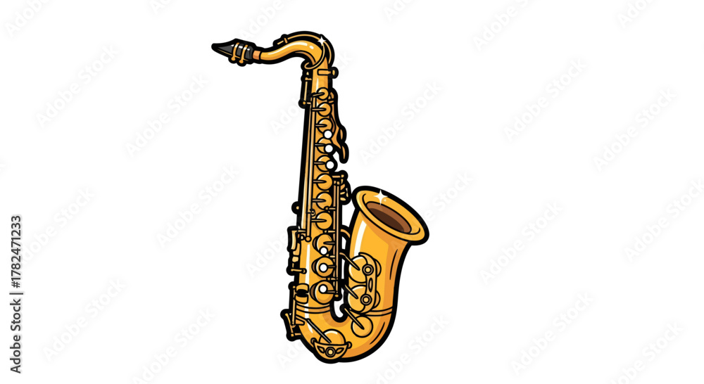Naklejka premium Cartoonish golden saxophone with vibrant outlines, ideal for jazz illustration projects for