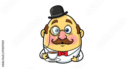 Cartoonish gentleman with bowler hat, mustache and monocle enjoying coffee with elegance and