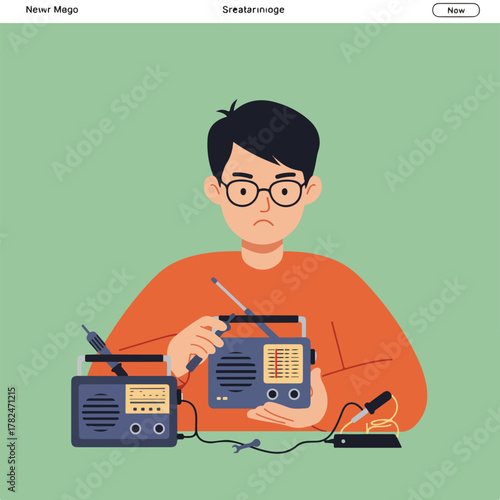 Illustration of a person with glasses attempting to repair two radios using tools like a soldering iron
