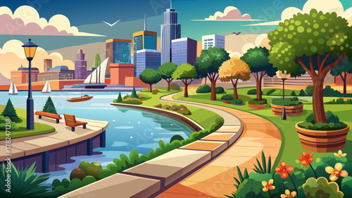 Very beautiful landscape at Point Park along the Baltimore riverfront on the Patapsco River in Baltimore, Maryland, USA, featuring calm water, green park scenery, waterfront pathways, and warm natural