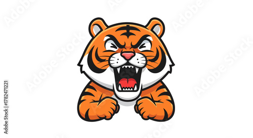Cartoonish ferocious tiger roaring illustration showcasing bold colors and dynamic energy