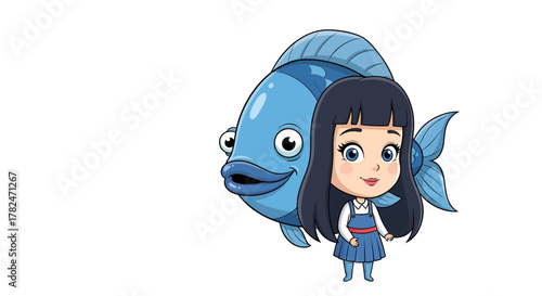 Cartoonish Illustration of a Girl with a Blue Dress and a Smiling Fish Companion