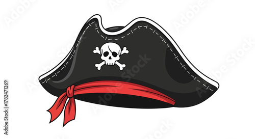 Cartoonish pirate hat with skull symbol, symbolizing adventure and treasure hunting voyage