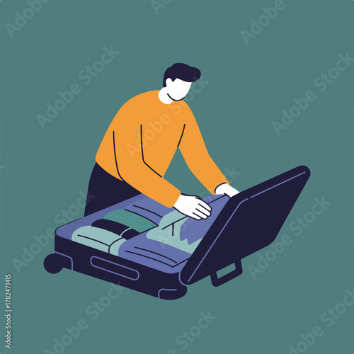 A person packing a suitcase. The illustration shows a person packing clothes into a suitcase with a green background