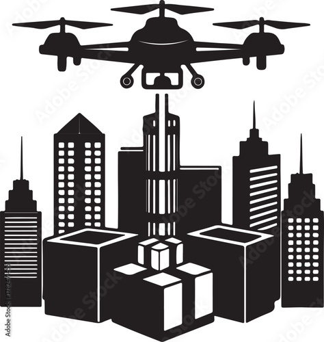 Futuristic drone delivering packages between skyscrapers silhouette design