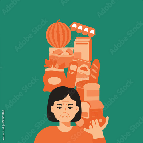 Illustration depicts a concerned person overloaded with grocery items, expressing stress over rising costs
