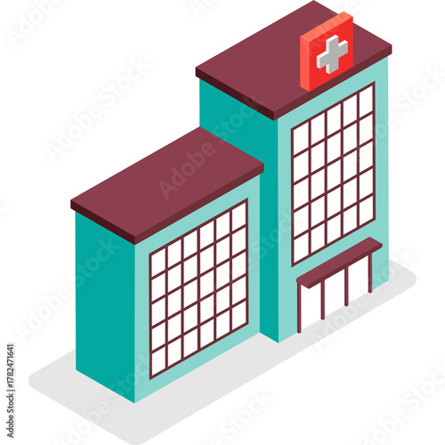 Teal and Burgundy Hospital Building with Red Cross Symbol Isometric Graphic Design on Transparent Background Represents Healthcare Services And Medical Facilities