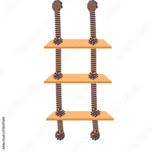 Three Tiered Wooden Shelf Hanging by Thick Brown Rope With Knots Against A Clean White Background