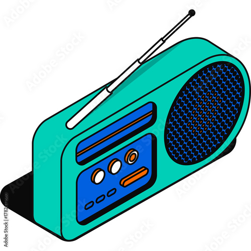 Turquoise and Blue Retro Radio with Antenna and Orange Accents on a White Background Representing Vintage Technology and Nostalgia