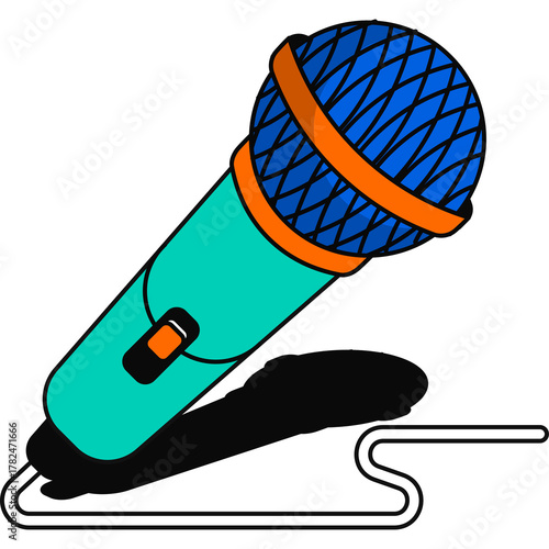 Turquoise And Blue Microphone With Orange Accent Details And Black Cord And Shadow On White Background