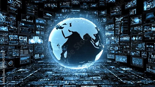 Digital globe surrounded by screens displaying data in a dark tech environment