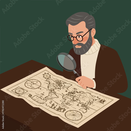 A bespectacled man with a beard uses a magnifying glass to examine a vintage map on a brown table. Background is dark green