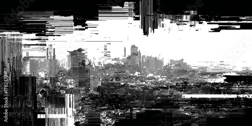 abstract digital glitch art effect black and white data corruption and distortion background.