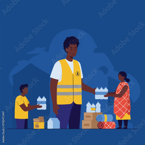 Illustration depicts aid distribution; volunteers giving water & supplies to those in need. Background is blue