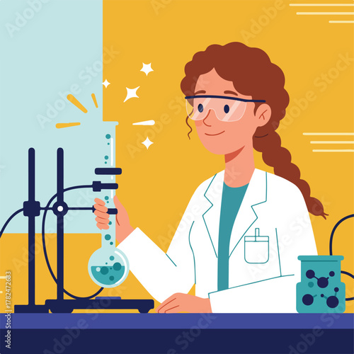 A smiling scientist in lab coat and goggles, conducting an experiment with glowing liquid and equipment