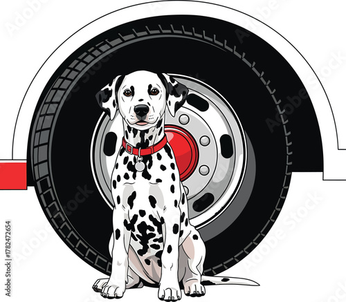 Dalmatian Dog Vector Illustration with Truck Wheel Tire and Red Hubcap Sitting Nicely for Transportation Related Design Logo Graphic Asset