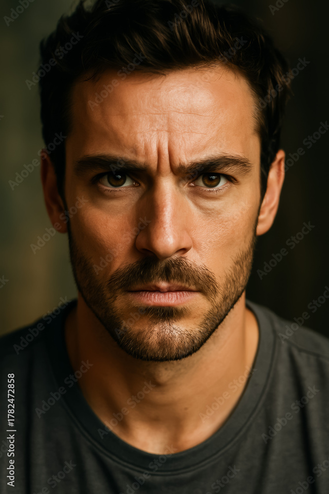 Obraz premium Intense close-up of a man with beard and serious expression