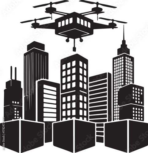 Futuristic drone delivering packages between skyscrapers silhouette design